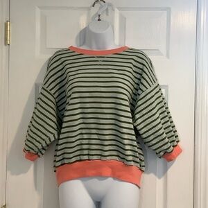 PILCRO ANTHROPOLOGIE 100% Cotton Green/Blue Striped Half Sleeve Normcore Top S
